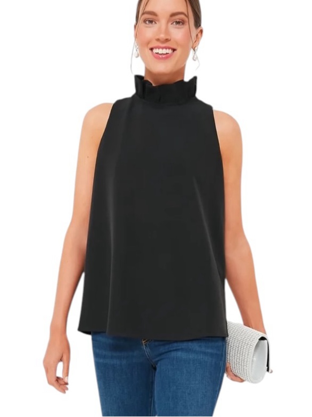 Pomander Place Black Mason Top M Ruffle Collar Bow Tie Back Quiet Luxury